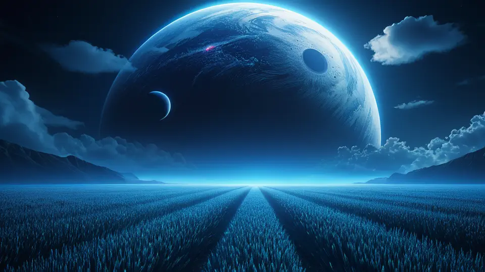 3D渲染，一个发光的抽象数据立方体悬浮在空中，周围环绕着代表云服务、API接口和移动端设备的简约图标，色彩为深空蓝与霓虹紫渐变，采用对角线构图，富有科技感和未来