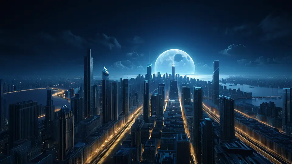 3D渲染，一部智能手机悬浮在地球上方，屏幕发出光束连接多个地理位置标记点，科技感，深蓝与青色主色调，中心对称构图