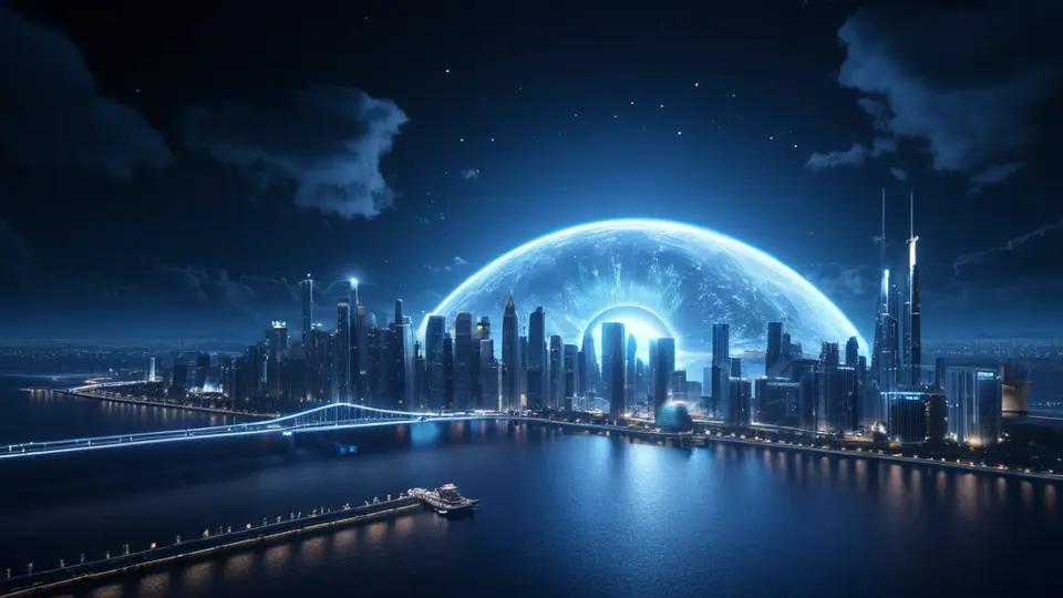 商务示意图，一位企业管理者站在重庆城市天际线背景前，面前悬浮着代表AI的神经网络和货币符号图标，淡蓝与科技蓝配色，中心构图，前景留白