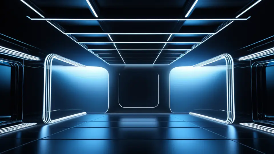 3D渲染风格，展示一个科技感十足的播放界面，屏幕上同时呈现四个画中画窗口，每个窗口角落用小图标（如时钟、网络符号）抽象表示不同协议的特性差异（如低延迟、高兼容）