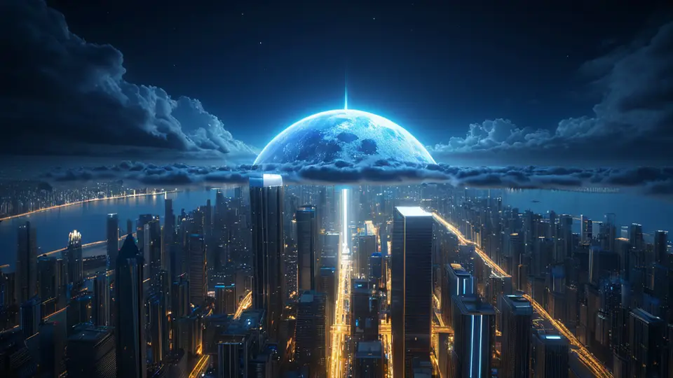 3D渲染风格，数据中心机柜内部场景，机柜上层安装有网络交换机，中层是带有多个网口和指示灯的推流服务器，下层是存储设备，整体色调为深蓝与金属灰，采用中心构图，突出