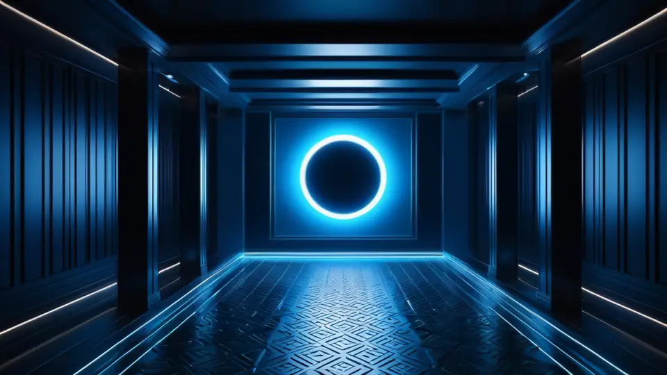3D渲染，一个发光的数字文件夹从电脑屏幕中飞出，文件夹上有一个盾牌图标，象征知识产权保护，科技感蓝色调，对称构图
