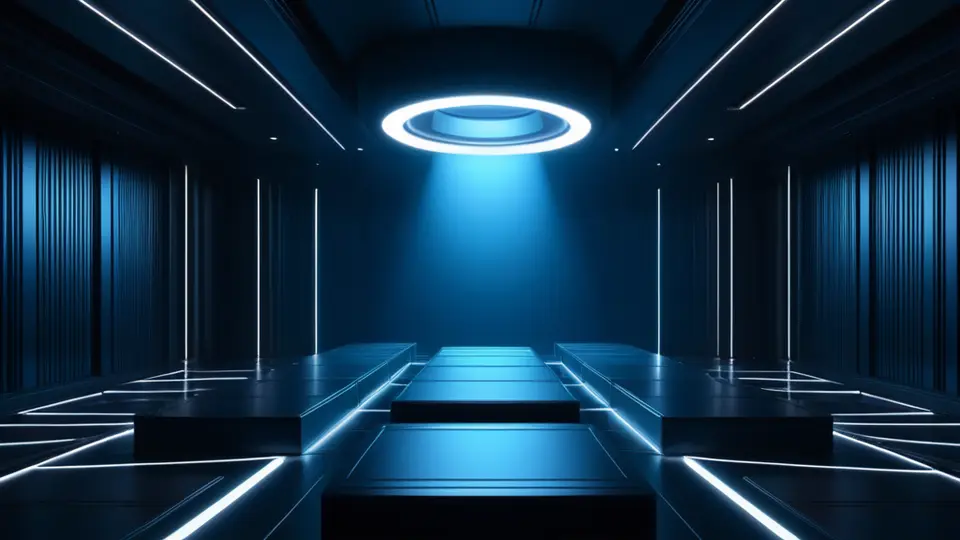 3D渲染，一个抽象的“工具箱”悬浮在空中，箱内可见代表不同功能的齿轮、电路板和数据立方体，科技感风格，蓝紫色渐变背景，透视构图