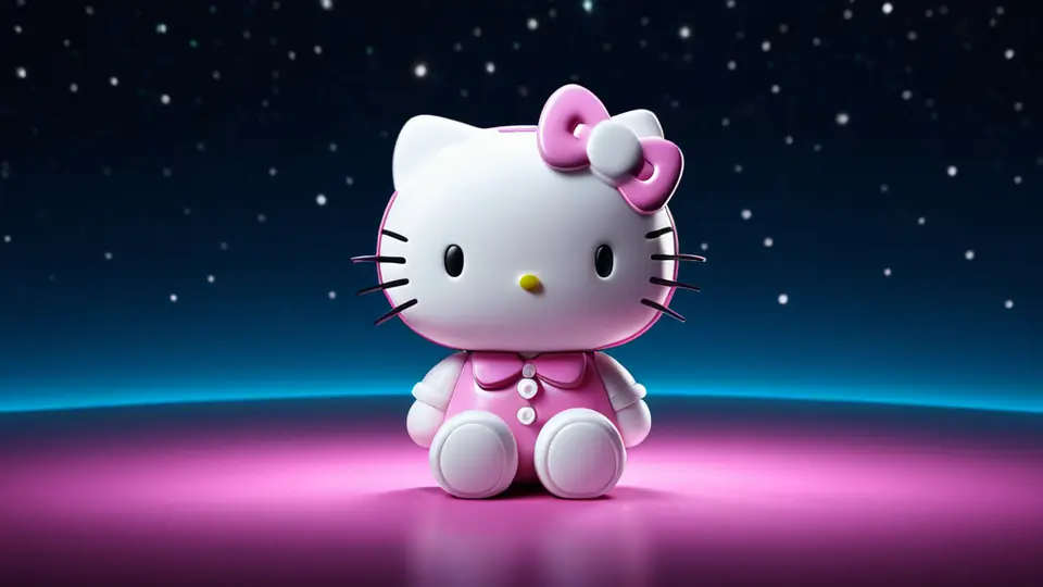扁平插画，一台平板电脑屏幕上显示Hello Kitty、美乐蒂等卡通角色的社交互动界面，界面由抽象的爱心、星星图标和彩色色块组成，无任何文字，柔和粉色与淡紫色为主色调，居中构图，背景简洁留白