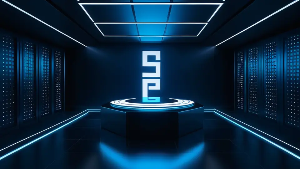 商务示意图，一个云端服务器图标连接着多个代表“内容管理”、“用户分析”、“在线商城”的抽象功能模块，模块由线条和几何图形构成，无文字，采用蓝绿色调与科技感配色，对称构图