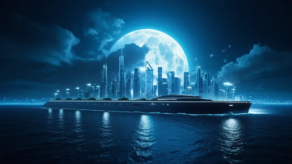 3D渲染，一个抽象的数据流网络图，中心是一个发光的手机图标，周围环绕着代表不同地理位置的图标（如山峰、建筑、海岸线），科技蓝配色，对称构图