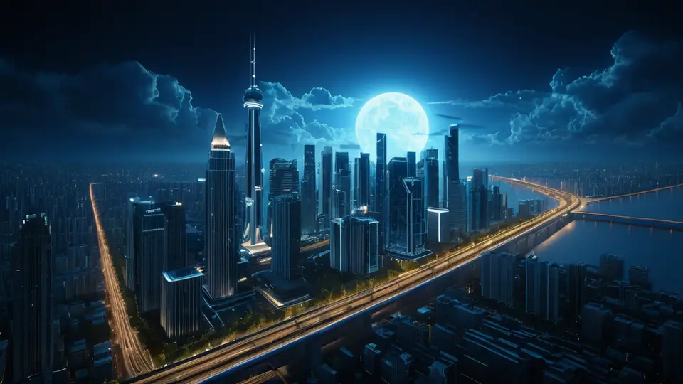 俯视视角的现代城市地图，中心有一个明亮的绿色定位图标闪烁，周围是密集的街道与建筑轮廓，扁平插画风格，以淡蓝色和白色为主色调，构图开阔，突出地图元素