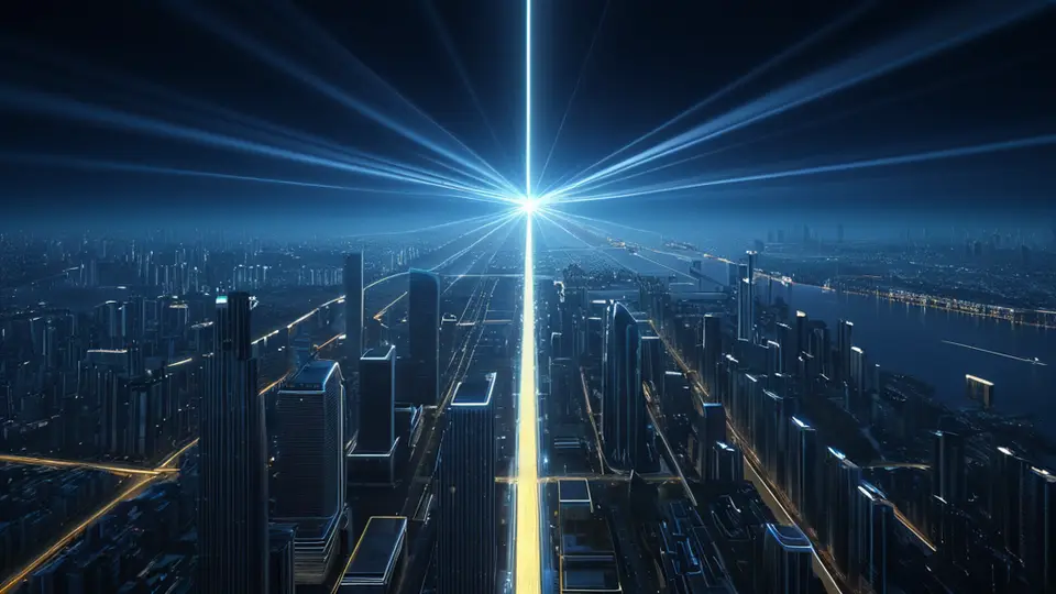 商务示意图，一个卡通人物面对一个带有“X”符号的SIM卡和一张中国地图，背景是淡蓝色的办公环境，中央构图，风格简洁明了
