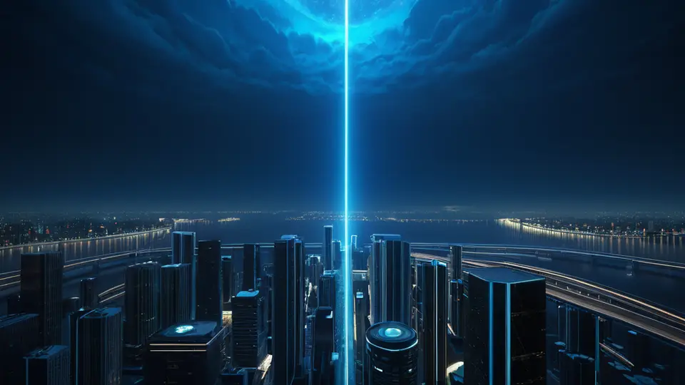 3D渲染，一部智能手机屏幕显示一个简洁的地图界面，上面有一个虚拟定位图钉标记，旁边有飞机、咖啡杯等创意图标，科技蓝与白色为主色调，俯视角度构图