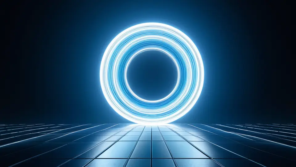 3D渲染，一个透明的立方体保护罩，内部中心是一个发光的芯片图标（代表软件），保护罩表面分别浮现出©、®和齿轮（代表专利）的抽象符号。背景为深蓝色，有柔和的光晕，象征全方位保护。