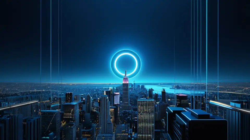 3D示意图，一部智能手机悬浮在抽象的网格化地球表面之上，手机屏幕显示一个带有定位图标的APP界面，界面由抽象的色块、圆形和线条构成，无任何文字。科技蓝色与银灰色配色，中心构图，背景为渐变深蓝色。