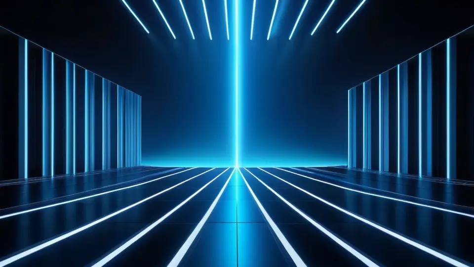 3D渲染，一个抽象的网络拓扑图，中心是一个代表手机的几何体，向外延伸出代表数据流的发光线条连接到不同的虚拟地点图标，科技蓝与紫色调，对称构图