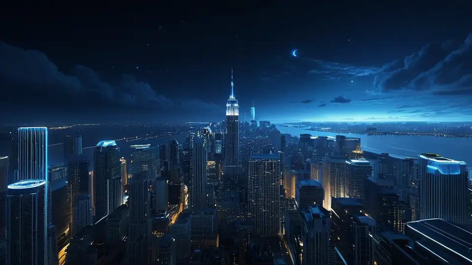 写实摄影，广州珠江新城CBD的夜景，多栋现代化摩天大楼亮着灯光，其中一栋大楼的玻璃幕墙上反射出抽象的蓝色数据流和神经网络图案，象征科技与城市融合，冷色调，广角构图，突出城市天际线