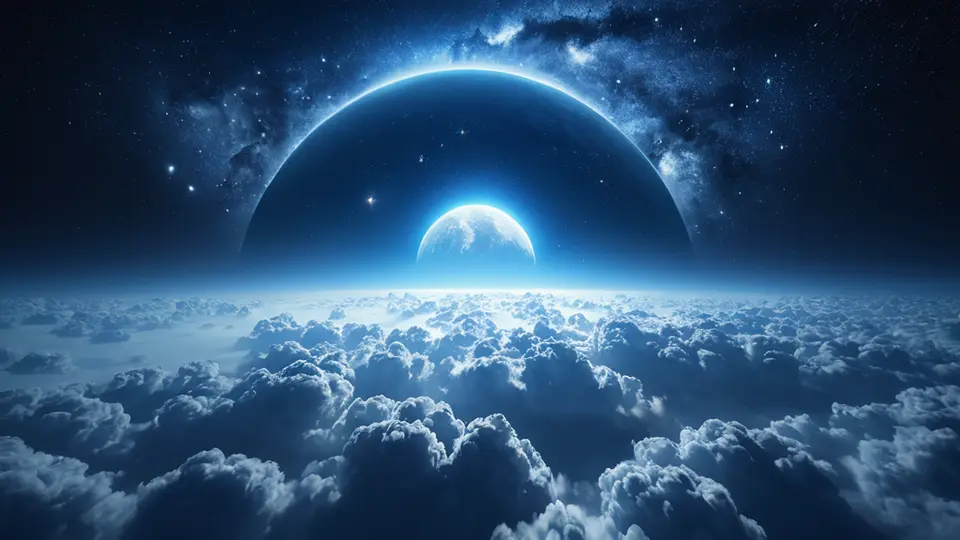 3D渲染的抽象概念图，画面中心是一个发光的AI芯片，周围环绕着流动的代码符号和连接的神经网络线条，背景是深蓝色的星空。采用冷色调，开放式构图，象征技术融合与未来