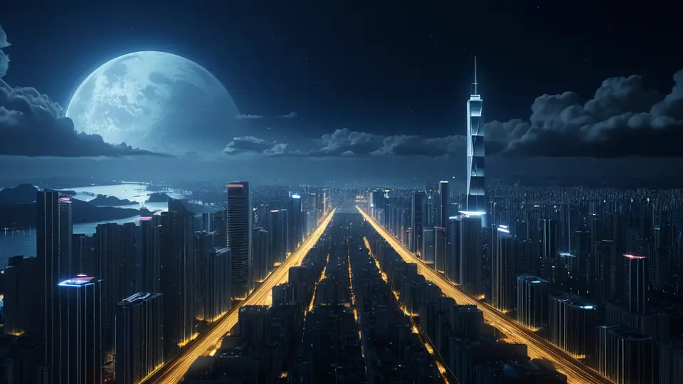 写实摄影，广州城市天际线与珠江夜景，前景为一台平板电脑显示抽象的小程序启动界面图标，暖色调，黄金分割构图，突出科技与城市融合感