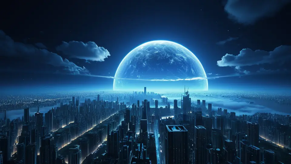 3D渲染，一个抽象的数字地球模型悬浮在空中，表面有发光的网络节点和连接线，地球表面有一个闪烁的定位光标，深蓝与科技蓝配色，中央构图，留白空间大