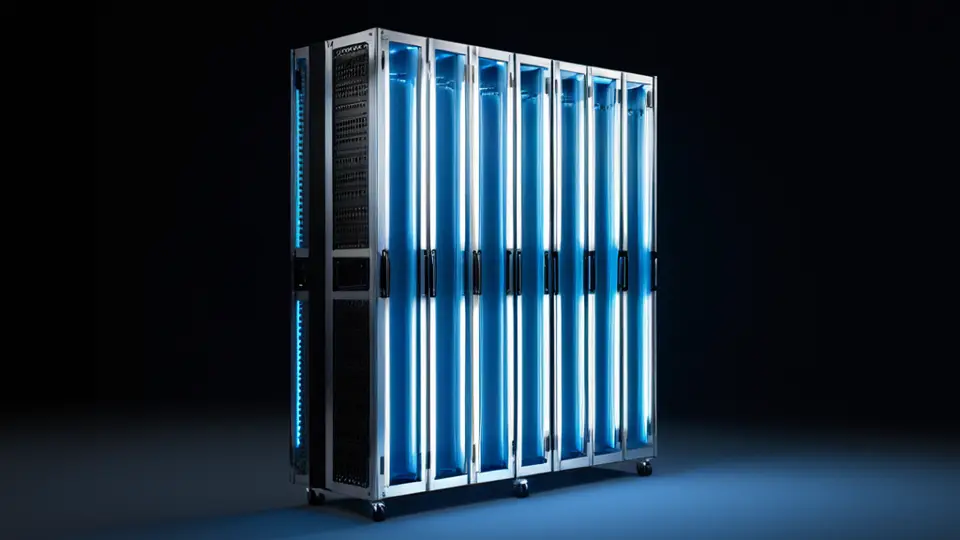 3D 渲染，一个网络服务器 rack，显示数据流从摄像头流向不同协议图标如 RTMP、HLS，科技蓝和灰色配色，侧视图