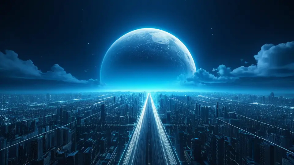 3D渲染，一个发光的蓝色立方体代表小程序，周围环绕着代表不同业务模块（如购物车、用户头像、齿轮）的抽象图标，深蓝色科技感背景，中心构图，有光晕效果