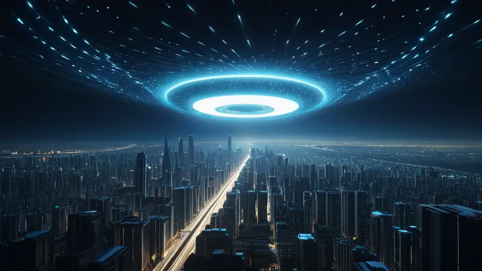 3D渲染，一个透明的玻璃立方体悬浮在重庆城市天际线背景前，立方体内部有抽象的齿轮、电路板和用户图标在运转，科技蓝与城市暖光交织，对称构图，强调未来感与连接性