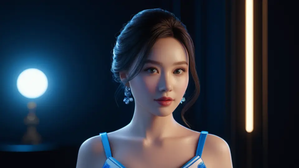3D渲染，一个年轻女性头部模型，周围环绕着多种抽象发型轮廓线，科技感线条连接，蓝紫色调，中心对称构图