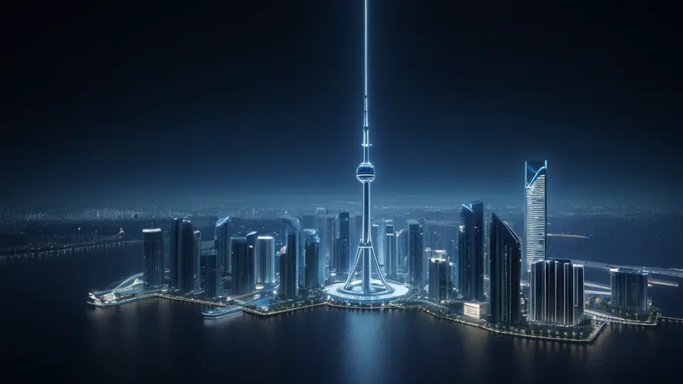 商务示意图，一群专业人士围坐在会议桌前讨论，桌中央有一个发光的智能手机屏幕，屏幕上显示抽象的网格和图标（无文字），整体采用淡蓝与灰色的专业商务色调，采用中心构图，背景简洁留白