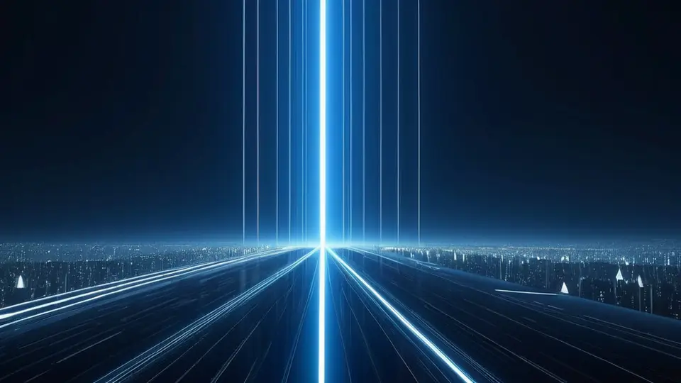 3D渲染，展示一部智能手机的抽象操作界面，屏幕上只有几何图形、进度条和抽象的应用图标，无任何文字，界面背景为深蓝色，科技感光效，中央构图