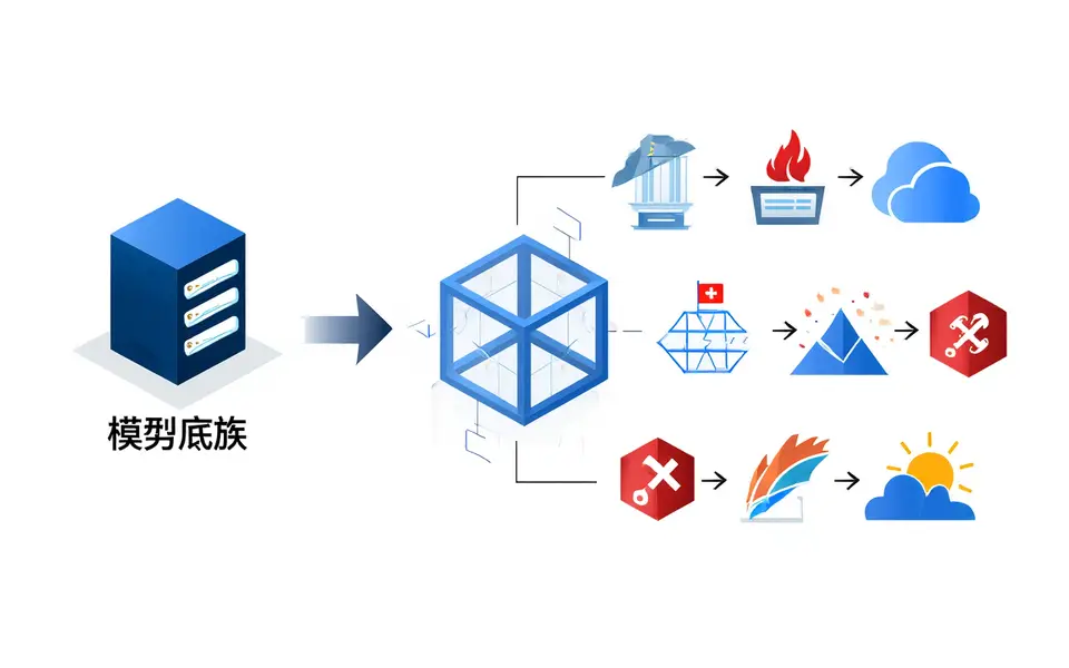 商务示意图，左侧是抽象的服务器机柜和芯片图标代表“算力底座”，中间是多个相互连接的立方体代表“模型家族”，右侧是医疗、矿山、气象等行业的图标，用箭头连接，采用扁平化设计，主色调为白色与华为品牌红