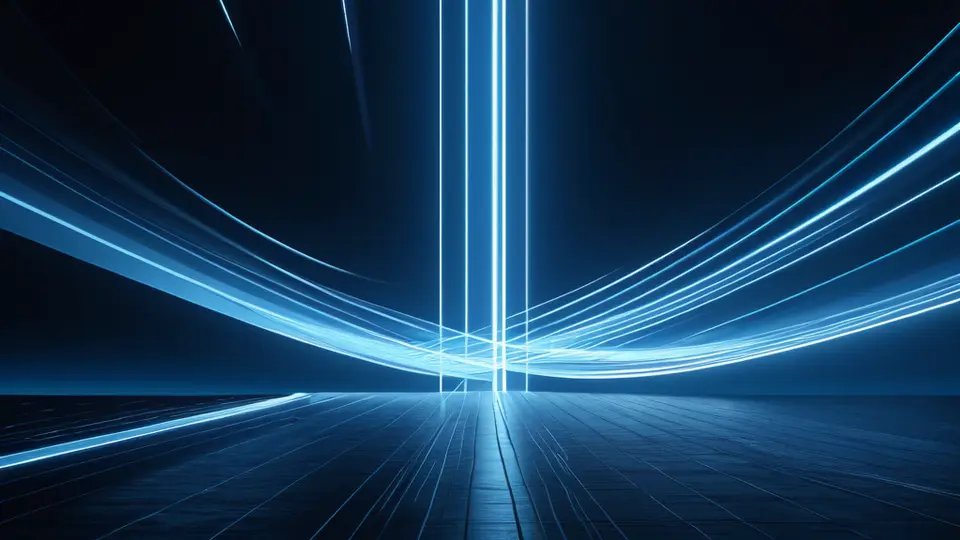 3D渲染，一个抽象的流程图，从左侧的“文件”图标经过中间的“齿轮”和“对勾”图标，最终到达右侧的“证书”图标，背景为渐变的科技蓝，立体感强，无任何文字标签