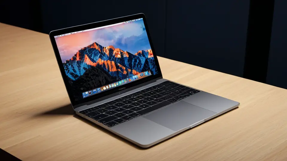 写实摄影，一台MacBook Pro和一台iPhone并排放在木桌上，MacBook屏幕上显示抽象的代码编辑器界面和进度条，iPhone屏幕显示一个简单的几何图形应用图标，整体色调为冷灰色和淡蓝色，采用侧视构图，突出设备协作感
