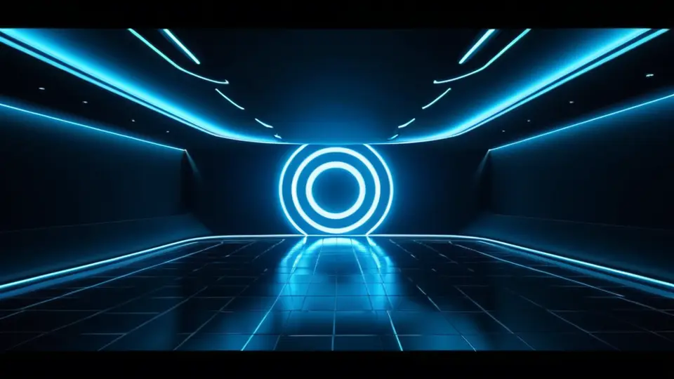 3D渲染，一个手持手机的人面对一个带有锁链的SIM卡图标，背景是城市天际线，冷色调，中心构图，表达限制与困惑感