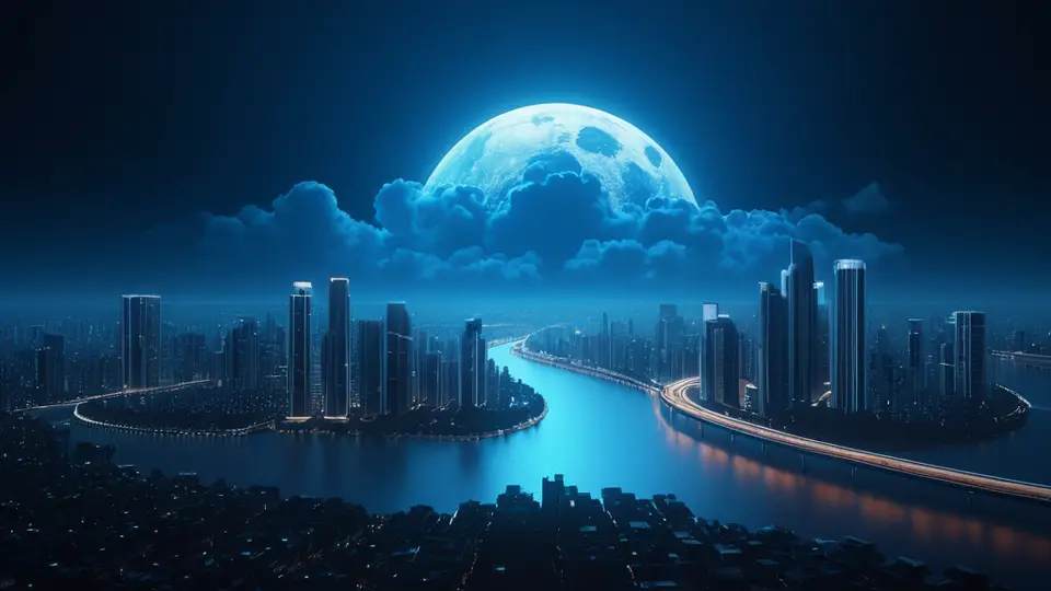 商务示意图，地图上两个不同的城市用发光的线条连接，线条中间有一个共享的套餐资源图标（如流量桶），采用蓝色和白色配色，简洁清晰