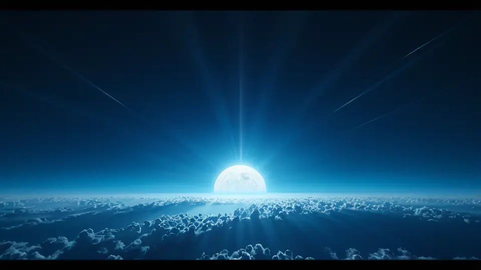 3D渲染，一个立体的微信公众号图标悬浮在办公桌上空，周围环绕着代表用户、内容、数据的抽象几何图形，蓝白主色调，中心构图，科技感