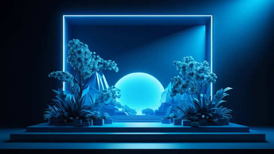 3D渲染，一个抽象的神经网络结构悬浮在深蓝色背景中，节点间有光流连接，中央构图，科技感强，冷色调