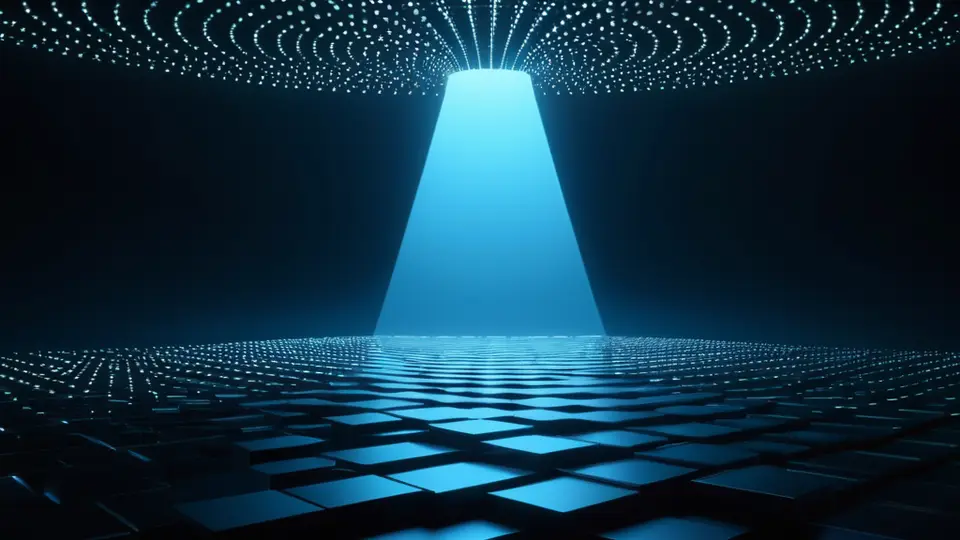 3D渲染，一个发光的盾牌图标悬浮在一台笔记本电脑上方，盾牌上有锁和代码符号，象征软件保护，科技蓝与金属银配色，中心构图，背景简洁
