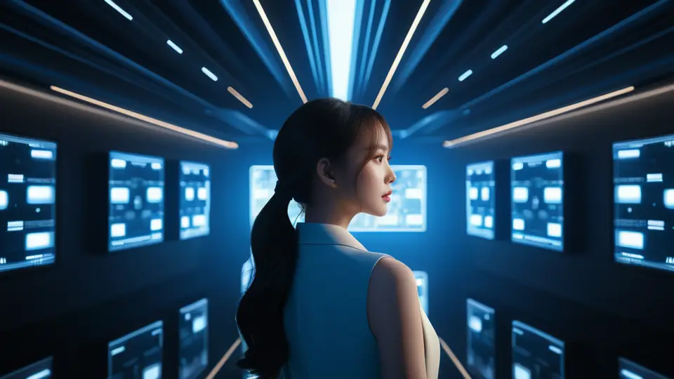 写实摄影风格，一位女性运营人员坐在电脑前，屏幕上是抽象的数据图表和用户头像图标，她正在用手指在平板上滑动，背景是明亮的办公室，色调温暖，焦点在人物与屏幕，浅景深效果
