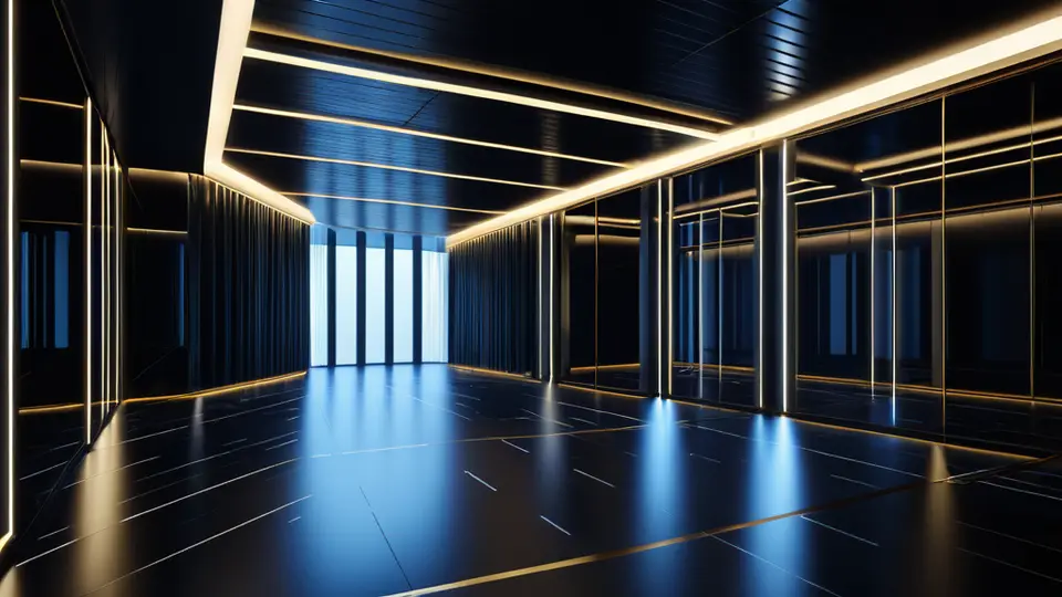 3D渲染风格，一个抽象的建筑大脑概念图，由发光的神经网络连接着建筑构件、齿轮、图表等元素，象征AI智能，深蓝与金色配色，中心构图
