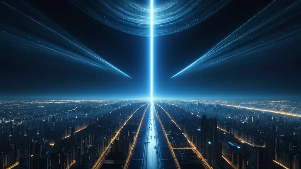 3D渲染，一个发光的微信公众号图标悬浮在空中，周围环绕着代表文章、用户、数据分析的抽象几何图形，科技蓝主色调，中心构图，背景简洁
