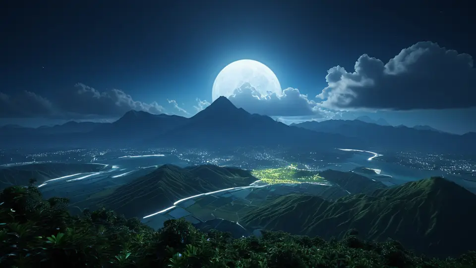 3D渲染示意图，一个放大的SIM卡芯片特写，周围环绕着代表不同城市的抽象地标图标（如高楼、山峰、湖泊），配色为银灰色与蓝色渐变，采用中心聚焦构图，背景虚化