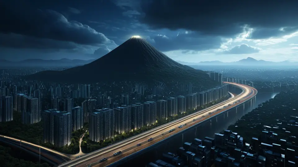 3D渲染，一部智能手机屏幕显示着地图和SIM卡图标，背景是模糊的城市天际线，象征异地办理，科技感配色，中央构图，简洁背景