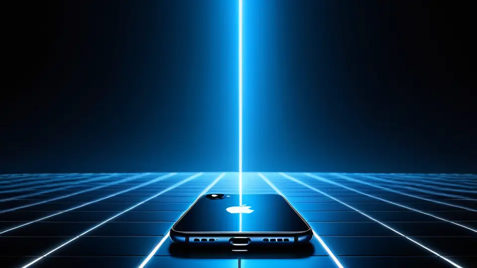 扁平插画，一部 iPhone 手机屏幕中央显示一个地图定位图标，图标被一个虚线圆圈包围，象征虚拟定位，主色调为科技蓝与白色，居中构图，背景简洁