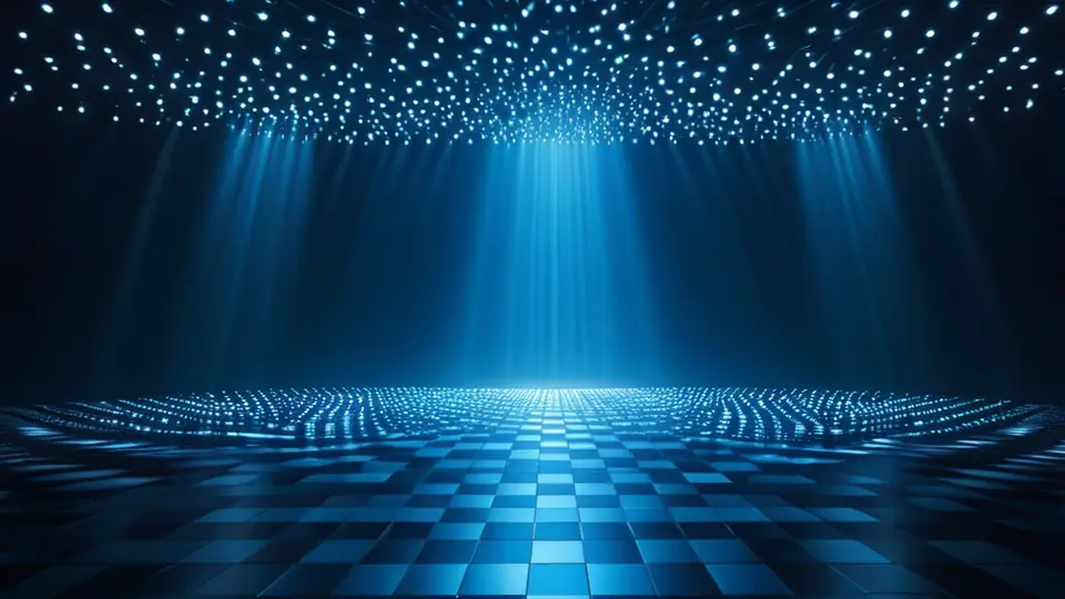 3D渲染，一个抽象的神经网络结构悬浮在中央，节点间由发光的线条连接，背景是深色的数字网格，象征复杂的数据连接与计算过程，主色调为紫色与银灰色