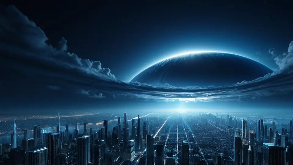 3D渲染，一个抽象的神经网络结构图悬浮在空中，节点之间有光线连接，背景是深蓝色科技感网格，中央构图，象征AI技术的核心