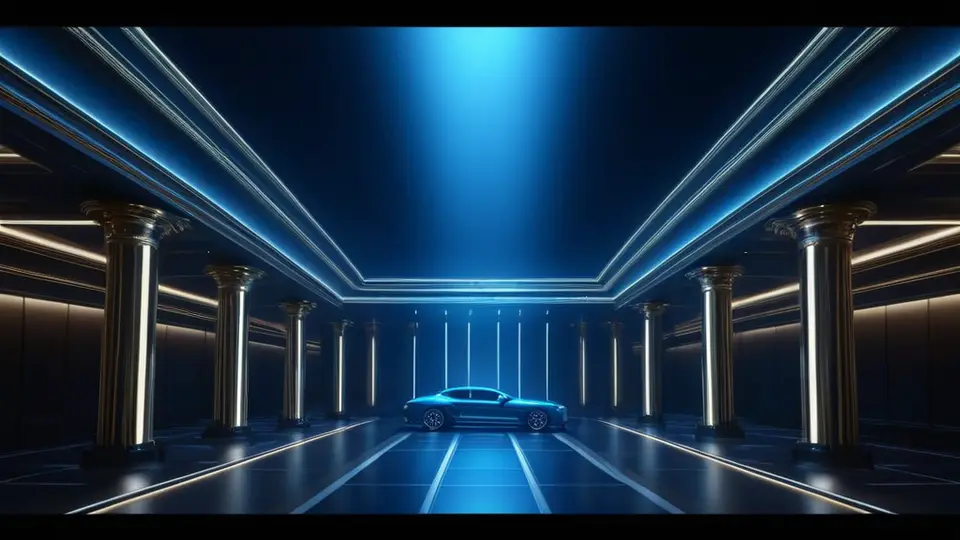 3D渲染，一个半透明的手机界面示意图，中央有一个闪烁的虚拟定位标记针，背景是模糊的数据流光效果，科技蓝色调，对角线构图