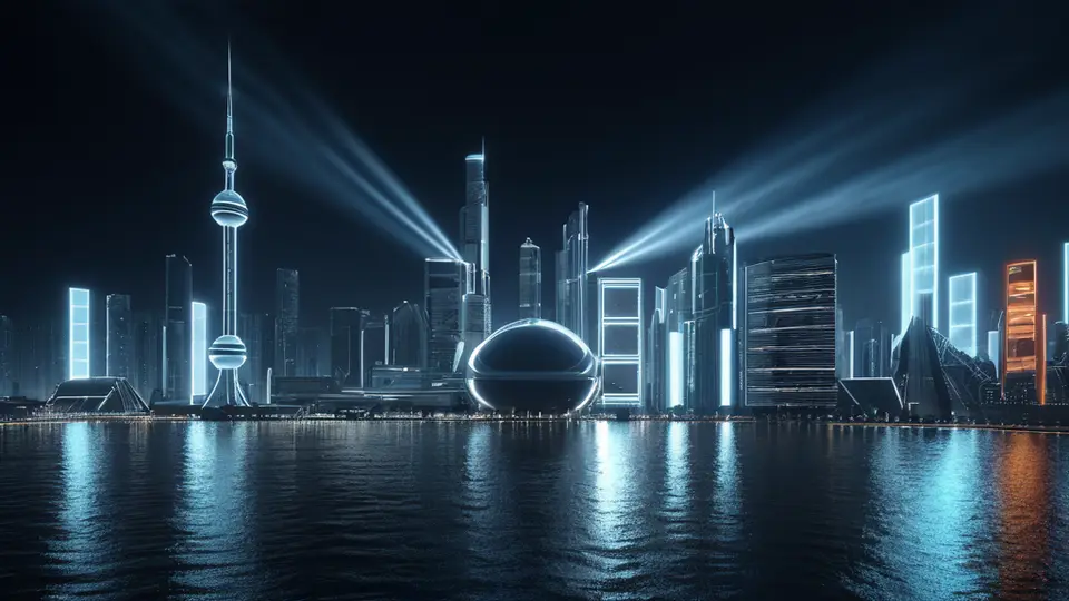 3D渲染风格，一个现代化智能工厂的微缩景观，机械臂、传送带与悬浮的数据面板相结合，面板上显示抽象的图表与进度条，无文字，采用冷灰色与橙色点缀的工业风配色，俯视构图