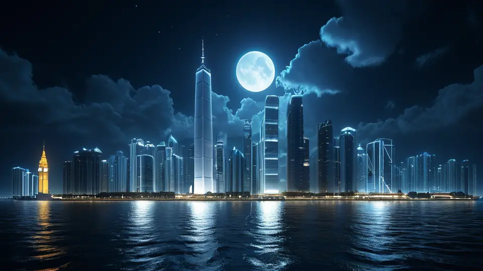 写实摄影，上海外滩夜景与陆家嘴天际线，前景为一台笔记本电脑屏幕显示抽象的UI界面设计图，暖色调，中央构图，营造科技与都市融合感