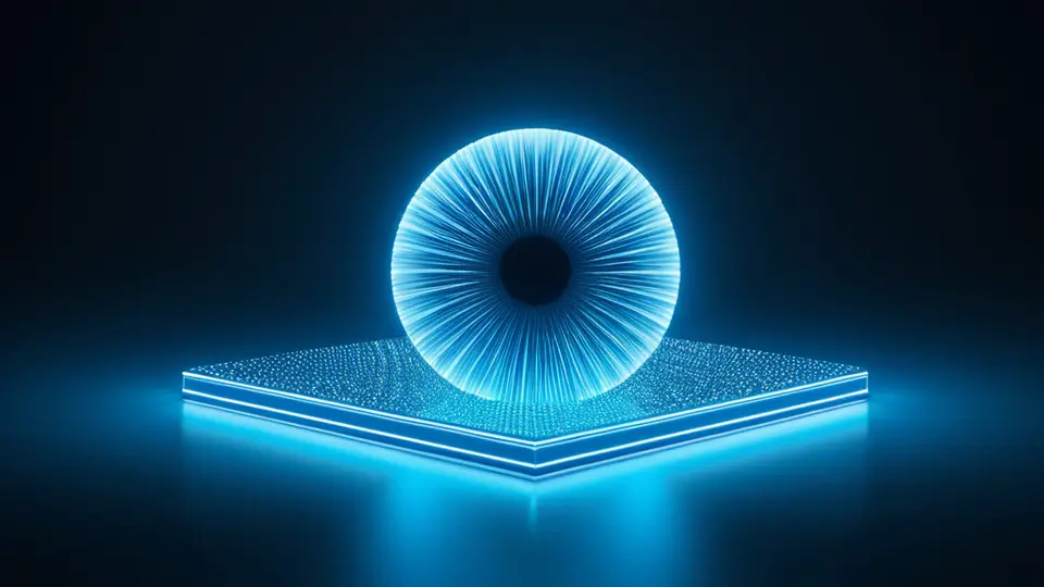 3D渲染，一本打开的发光书籍悬浮在空中，书页上显示抽象的API接口流程图和数据流线条，科技蓝与白色为主色调，中央构图，背景为深色渐变，有轻微光晕效果