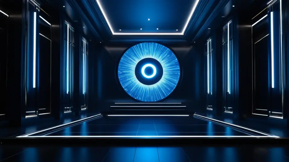 3D渲染，一个未来感的安全监控控制台，屏幕中央是多个幼儿园教室的实时画面分割视图，周围环绕着数据流动线，科技蓝色调与警示橙色点缀，聚焦构图，强调技术感与安全感