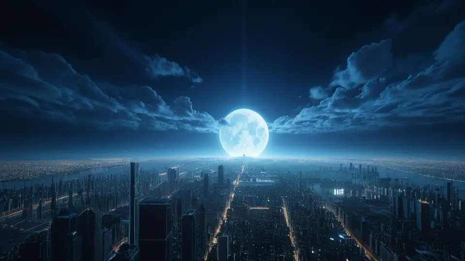 3D渲染，一个快递包裹打开，里面是一张SIM卡和一份快速指南，背景是模糊的城市轮廓，象征异地配送，科技感蓝白配色，特写构图