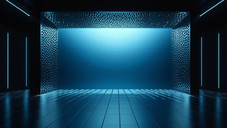 3D渲染，一个抽象的、发光的神经网络结构悬浮在空中，连接着画笔、调色盘和显示器图标，深蓝色科技感背景，中心构图，有未来感