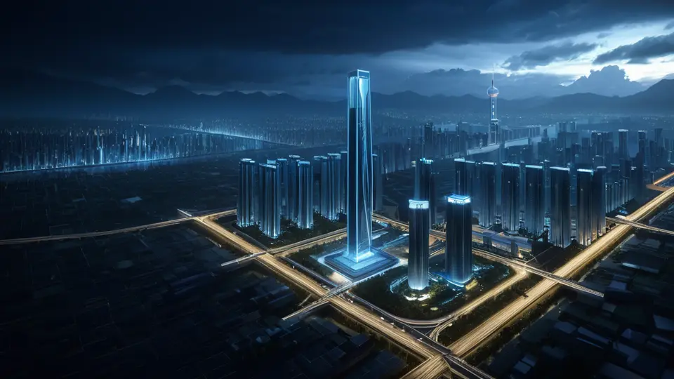 扁平插画，一张中国地图上，几个不同城市的地标建筑旁有手机信号图标和连接线，主色调为科技蓝，俯视构图，象征跨地域通信连接